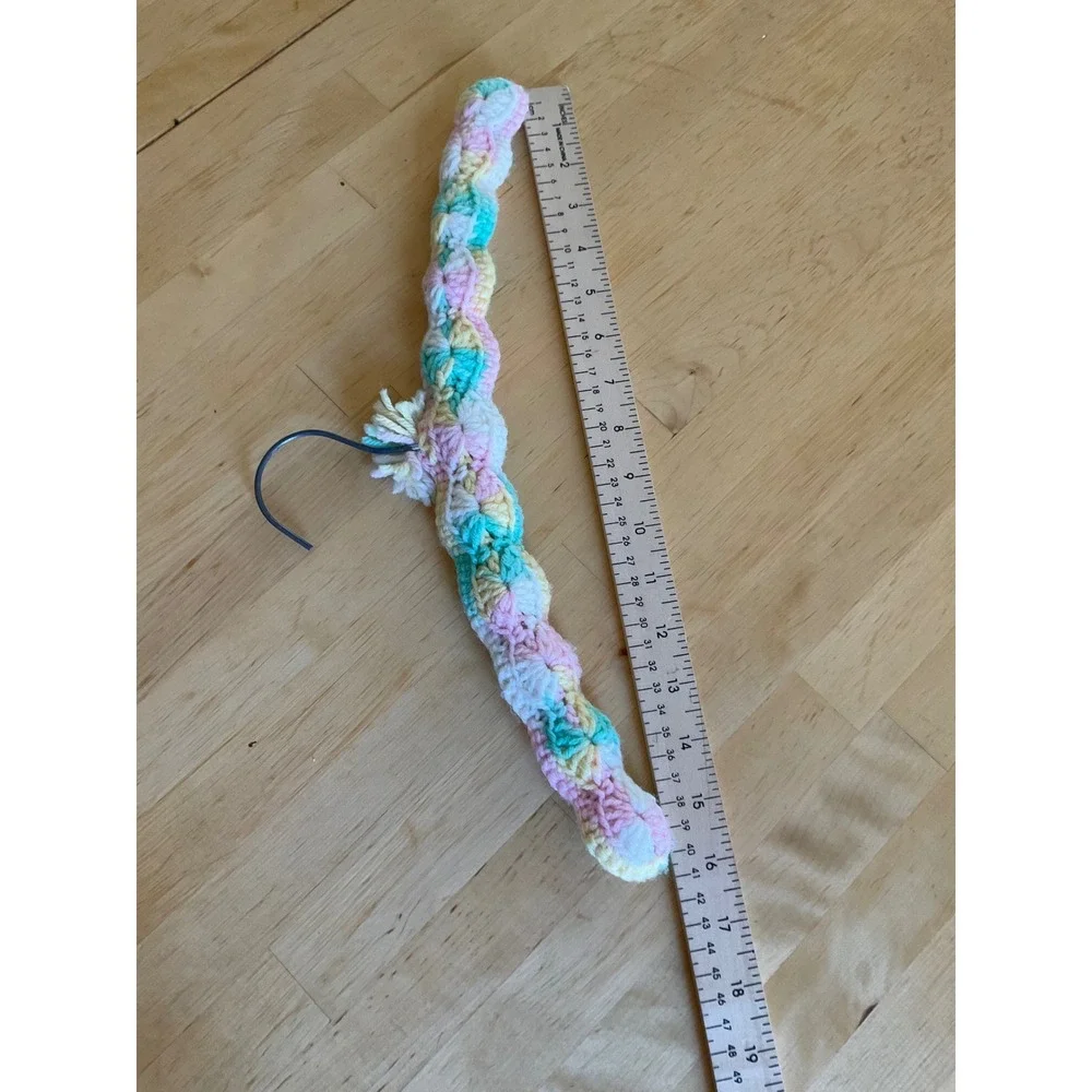 Handmade Crochet Padded Hanger Pastel Multi Color Shell Stitch Pom Pom Vintage